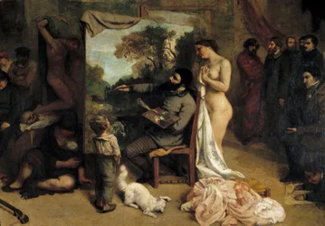 Das Atelier des Malers. Reale Allegorie, die eine siebenjährige Phase meines künstlerischen (und moralischen) Lebens bestimmt. Detail, das den Maler umgeben von seinen beiden Inspirationsquellen zeigt: einem Kind, das Naivität symbolisiert, und einer
