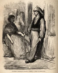 Ein Schokoladenhändler im Freien, Skizze lebhaft aufgenommen in Madrid. Gravur von Gustave Dore (1832-1883) zur Illustration seiner Reise nach Spanien, mit Ch. Davillier (Herausgeber), 1862, veröffentlicht in „Le tour du monde“ 1869, herausgegeben von Edou