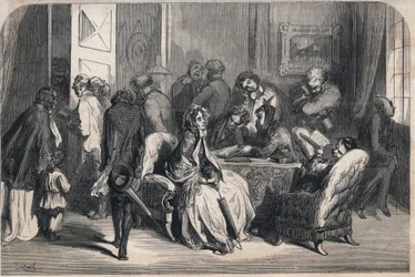 Das Wartezimmer eines Zahnarztes. Zeichnung von Gustave Doré (1832-1883). Gravur in „Le Monde illustre“ von 1862. Private Sammlung