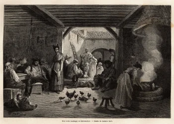 Ein Gasthaus in Estremadura, das Arbeiter und Reisende sowie verschiedene Haustiere oder nicht, willkommen heißt, man kann aus dem gemeinsamen Krug trinken, der von den Balken hängt, oder individuell und man kann auch eine Suppe essen, die immer auf dem Fe