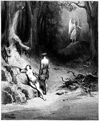 Adam und Eva werden aus dem Paradies vertrieben. Illustration von Gustave Doré für „Das verlorene Paradies“ von John Milton (1608-1674). Gravur von 1866. Private Sammlung