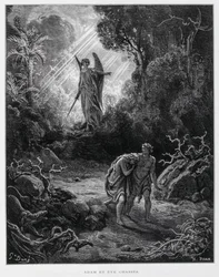 Adam und Eva werden von einem Engel aus dem Garten Eden vertrieben, Illustration aus der Doré-Bibel