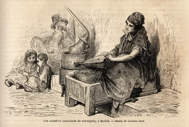 Eine Kastanienhändlerin im Freien, mit ihrem tragbaren Ofen, Skizze auf der Puerta del Sol in Madrid. Gravur von Gustave Doré (1832-1883) zur Illustration seiner Reise nach Spanien, mit Ch. Davillier (Herausgeber), 1862, veröffentlicht in „Le tour du monde