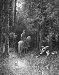 Als er die dunklen Wälder durchquerte, sah er selbst 3 Geister vor Freude verrückt an der Seite der Straße auf einer großen Blume springen (ein Ritter der Tafelrunde trifft die drei Geister im Wald von Brocéliande) - in „Junièvre“ von Alfred Tennyson, ill.