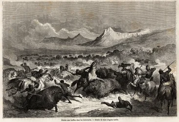 Büffeljagd unter den Delawaren, Ureinwohnern am gleichnamigen Fluss. Zeichnung von Gustave Doré zur Illustration der Reise von Baudouin Mollhausen von Mississippi zum Pazifik 1853-54. Gravur