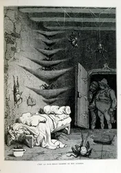 Croque-Mitaine; Illustration von 1863, von Gustave Doré (1832–1883); französischer Künstler, Druckgrafiker, Illustrator. Croque-Mitaine (Der Bögemann) ein bösartiger Charakter, der Kindern vorgestellt wird, um sie zu erschrecken und sie so weiser zu machen