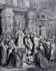 Kyros II. der Große (580 v. Chr. - 530 v. Chr.) befreite die gefangenen Völker bei seiner Ankunft in Babylon im Jahr 539 v. Chr. und gab dem jüdischen Volk die heiligen Gefäße zurück, die als Beute im Tempel von Jerusalem genommen worden waren. Gravur von 