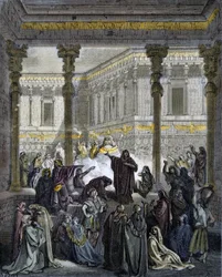 Daniel entlarvt die Priester von Baal - Daniel entlarvt die Priester von Bel - Gravur in „Die illustrierte Bibel“ von Gustave Doré (1832-1883) - Gravur aus „Die Doré-Bibel“.