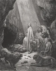 Daniel in der Löwengrube, Daniel 6:16-17, Illustration aus Dore