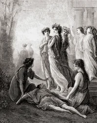 Daphnis et Alcimadure, aus einer späten 19. Jahrhundert Ausgabe von Fables de La Fontaine (Holzstich)