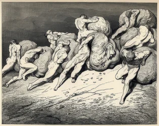 Die Seelen der Verschwender und Geizigen. Illustration zur Dante Alighieris Göttlicher Komödie