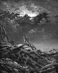 Don Quijote auf Abenteuer. Gravur von Gustave Doré zur Illustration der Hachette-Ausgabe von 1869 des Buches „Der sinnreiche Junker Don Quijote von der Mancha“ von Miguel de Cervantes Saavedra, Übersetzung von Louis Viardot