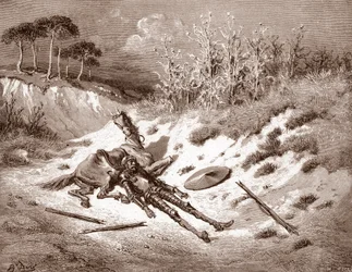 Don Quijote nach seiner Prügelstrafe ruft seine ideale Dame Dulcinea del Toboso an. Gravur von Gustave Doré für „Der sinnreiche Junker Don Quijote von der Mancha“ von Miguel de Cervantes, 1863