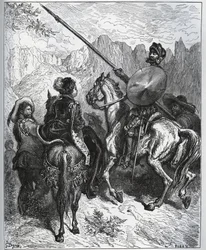 Don Quijote akzeptiert die Mission, die ihm von Dorothee-Prinzessin von Micomicon vorgeschlagen wird - aus "Don Quijote von der Mancha" von Miguel Cervantes