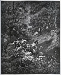 Don Quijote und Sancho Panza setzen ihre Reise in der Sierra Morena auf der Suche nach der Deguenille-de-la-Malaise-Mine fort - aus „Don Quijote von der Mancha“ von Miguel Cervantes (1547-1616) - Holzschnitt nach einer Zeichnung von Gustave Doré