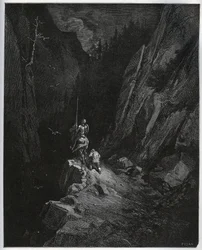 Don Quijote und Sancho Panza versinken in der Sierra Morena - aus „Don Quijote de la Mancha“ von Miguel Cervantes (1547-1616) (Don Quijote) - Holzschnitt nach einer Zeichnung von Gustave Dore.