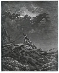 Don Quixote geht auf Mission für Dorothee, begleitet von Sancho Panza, Barbier, Dorothee, Pfarrer und Cardenio - aus „Don Quixote de la Mancha“ von Miguel Cervantes (1547-1616) - Holzschnitt nach einer Zeichnung von Gustave Dore