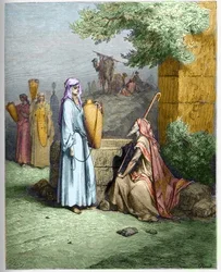 Eliezer und Rebekka - Eliezer, der Diener Abrahams, wird von Rebekka mit Wasser versorgt - Eliezer und Rebekka - Gravur in „Die illustrierte Bibel“ von Gustave Doré (1832-1883) - Gravur aus „Die Doré-Bibel“