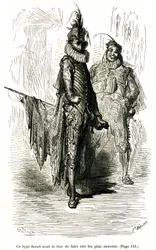 Gravur von Gustave Doré, die Théophile Gautiers Roman „Der Kapitän Fracasse“ illustriert. Charpentier-Ausgabe 1863. Zwei Komödianten (Schauspieler der Commedia dell