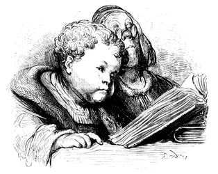 Gant Gargantuas Erziehung: Als Kind lernt er mit seinem Lehrer lesen. Illustration von Gustave Doré für das Werk von François Rabelais.