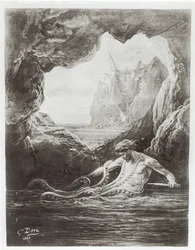 Gilliatt kämpft mit dem Riesentintenfisch, Illustration aus 
