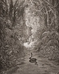 Illustration von Gustave Doré (1832-1883), französischer Künstler und Illustrator, für „Das verlorene Paradies“ von John Milton, Buch IX, Zeilen 434 und 435