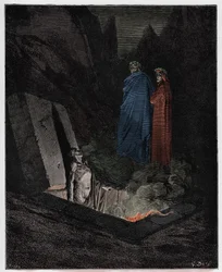 Inferno, 10. Gesang: Farinata degli Uberti spricht Dante an, Illustration aus „Die Göttliche Komödie“ von Dante Alighieri, 1885