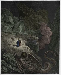 Inferno, 17. Gesang: Geryon, Symbol der Täuschung, Illustration aus „Die Göttliche Komödie“ von Dante Alighieri, 1885