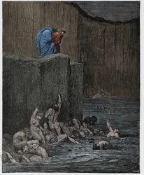 Inferno, 18. Gesang: Kuppler und Schmeichler im achten Kreis, Illustration aus „Die Göttliche Komödie“ von Dante Alighieri, 1885