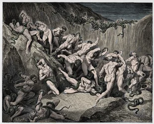 Inferno, 24. Gesang: Die von Schlangen gequälten Diebe, Illustration aus „Die Göttliche Komödie“ von Dante Alighieri, 1885