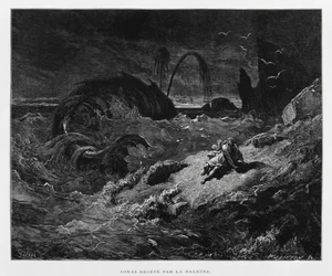 Jona wird vom Wal an Land gespuckt, Illustration aus der Dore-Bibel