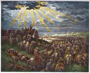 Josua befiehlt der Sonne stillzustehen - Josua stoppt die Sonne - Gravur in „Die illustrierte Bibel“ von Gustave Doré (1832-1883) - Gravur aus „Die Doré-Bibel“