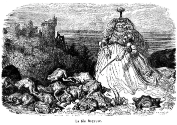 La fée Rageuse und seine Krötenherde: Stich von Gustave Doré zur Illustration des Märchens Pooh, von der Gräfin von Segur, aus den Neuen Märchen der Feen, Hachette 1896