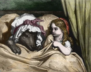 Rotkäppchen und der Wolf mögen die Großmutter nicht. Illustration von Gustave Doré