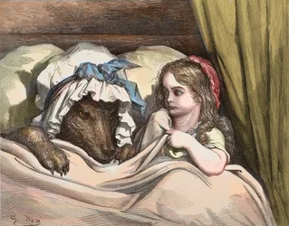 Rotkäppchen und der als Großmutter verkleidete Wolf. Illustration zu „Die Märchen“ von Charles Perrault (1628-1703), illustriert von Gustave Doré (1832-1883), 1867