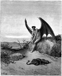 Lucifer (Satan, gefallener Engel, vom Himmel auf die Erde gestürzt) begegnet der Schlange. Illustration von Gustave Doré für „Das verlorene Paradies“ von John Milton (1608-1674). Stich von 1866. Privatsammlung
