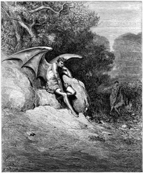 Luzifer (Satan, ein gefallener Engel, der vom Himmel auf die Erde stürzte), dargestellt bei der Verderbung Adams und Evas. Illustration von Gustave Doré zu „Das verlorene Paradies“ von John Milton (1608-1674). Stich von 1866. Privatsammlung