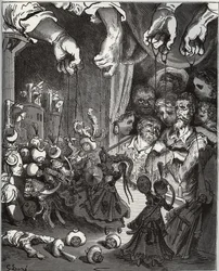 Maese Pedros Puppenspiel - aus „Don Quijote de la Mancha“ von Miguel Cervantes (1547-1616) (Don Quijote) - Holzschnitt nach einer Zeichnung von Gustave Dore