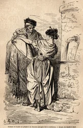 Mann und Frau des Volkes an der Quelle, in Carmona, Dorf in der Nähe von Sevilla. Skizze nach dem Leben von Gustave Doré (1832-1883). Gravur zur Illustration der Reise nach Spanien, 1862, von Charles Davillier und Gustave Doré, in „Le tour du monde, nouvea