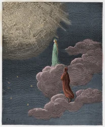 Paradiso, Canto 14: Dante und Beatrice werden in die Sphäre des Mars versetzt, Illustration aus "Die Göttliche Komödie" von Dante Alighieri, 1885