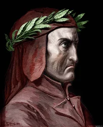 Porträt des italienischen Schriftstellers Dante Alighieri (1265-1321). Kupferstich von Gustave Doré aus dem Jahr 1860