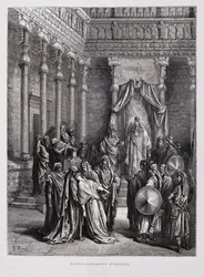 Königin Esther fällt vor dem König in Ohnmacht, Illustration aus der Dore-Bibel