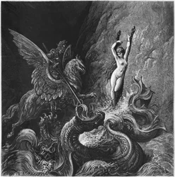 Ruggiero rettet Angelica, Illustration zu Gesang X des „Rasenden Roland“ von Ludovico Ariosto (1474-1533), veröffentlicht 1888 in Paris