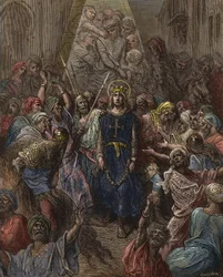 Der heilige Ludwig wird während des 7. Kreuzzugs 1250 in Mansura gefangen genommen - König Ludwig IX. (1214-70) als Gefangener in Ägypten - Kupferstich von Gustave Doré - aus „Geschichte der Kreuzzüge“ von Joseph-François Michaud