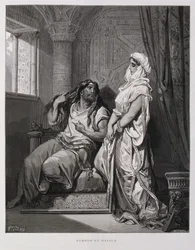 Simson und Delila, Kapitel 16 des Buches der Richter im Alten Testament, Illustration aus der Dore-Bibel