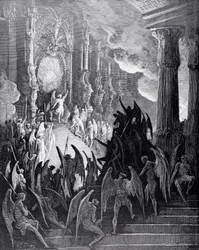 Satan im Rat, aus Buch I von John Miltons (1608-74) „Das verlorene Paradies“, gestochen von Stéphane Pannemaker (1847-1930), um 1868