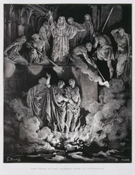 Schadrach, Meschach und Abednego im Feuerofen, Illustration aus der Dore-Bibel