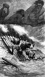Sindbad der Seefahrer - Geschichte aus Tausendundeiner Nacht - Illustration von Gustave Doré - Maxwell-Ausgabe 1865 - Dritte Reise: Sindbad und seine Gefährten werden auf einem Floß von Riesen verfolgt, die riesige Steine auf sie werfen