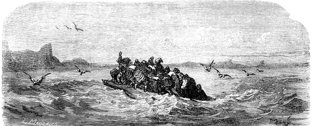 Sindbad der Seefahrer - Märchen aus Tausendundeiner Nacht - Illustration von Gustave Doré - Ausgabe Maxwell 1865 - Dritte Reise: Sindbad und seine Gefährten segeln auf einem Floß