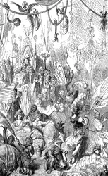 Sindbad der Seefahrer - Märchen aus Tausendundeiner Nacht - Illustration von Gustave Doré - Maxwell-Ausgabe 1865 - Sechste Reise - dieser Stich kann den Hof des Königs von Serendib oder den des Kalifen Harun al-Raschid darstellen